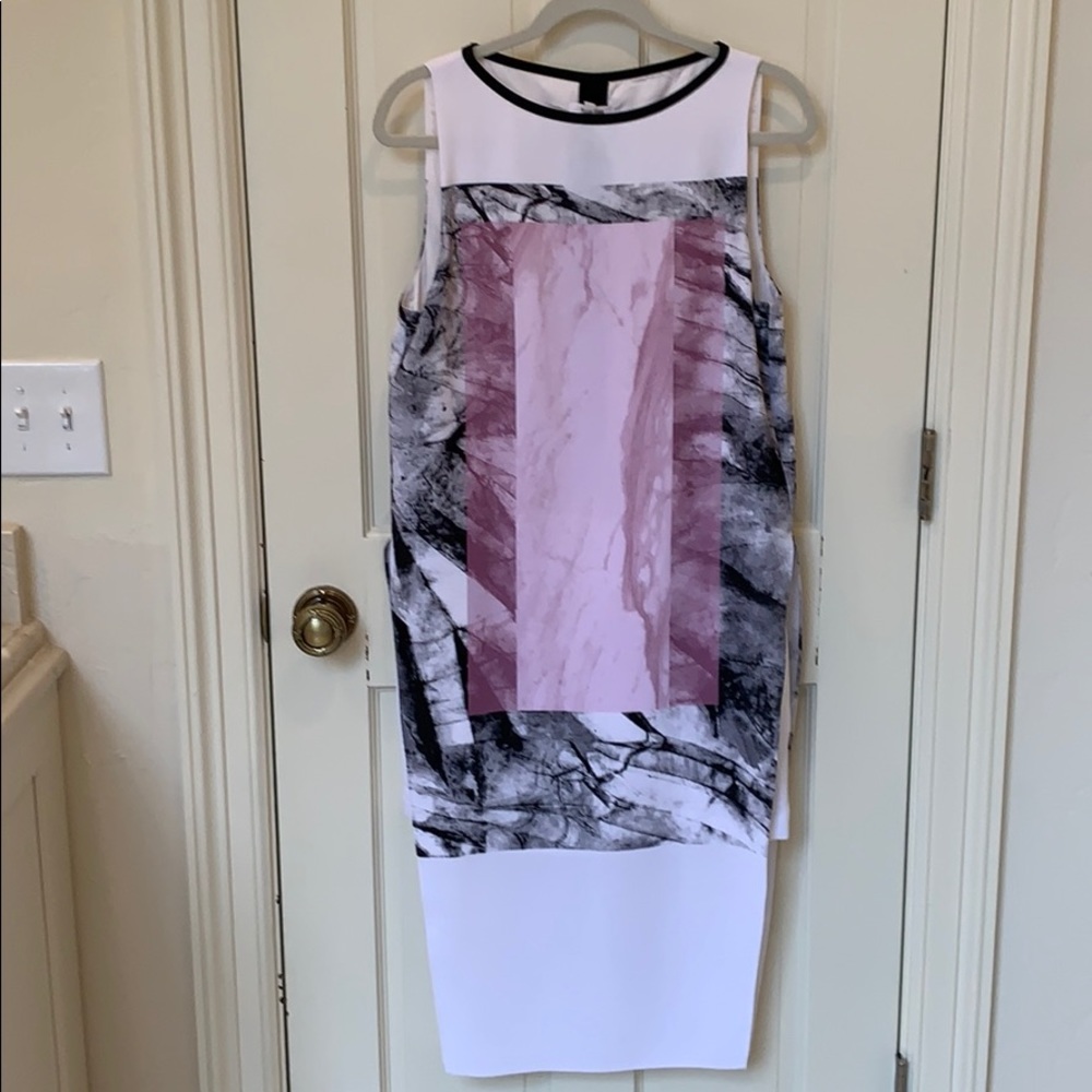 Helmut Lang White Black Marble-Print Backless Dress with Pink Panel